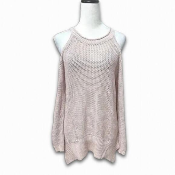 Willow & Clay Open Knit Sweater Cut-Out Shoulder Long Sleeves Pale Pink W S NWOT - Picture 1 of 9